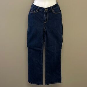 Eddie Bauer Dark Wash Curvy Bootcut 5-Pocket Tan Contrast Stitching Jeans-Size 8